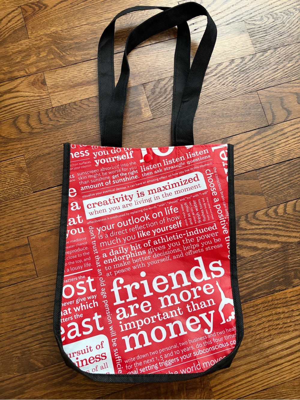 Lululemon Two-Sided "Manifesto" Reusable Snap Tote Shopping Bag Red Black Handle